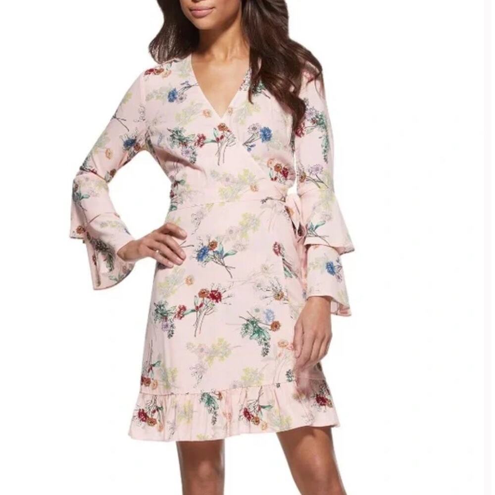 Scoop NYC  Floral Wrap Dress Blush Pink Wildflower Ruffle Long Sleeve Size 3X